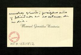 Tarjeta de Manuel González-Hontoria a Melchor Fernández Almagro en la que le desea un próspero añ...
