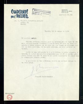 Carta de Joaquín Ruiz-Giménez a Melchor Fernández Almagro en el que le propone escribir para Cuad...