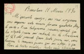 Carta de Antonio Rubió y Lluch a Emilio Cotarelo en la que le indica que le ha enviado un telegra...
