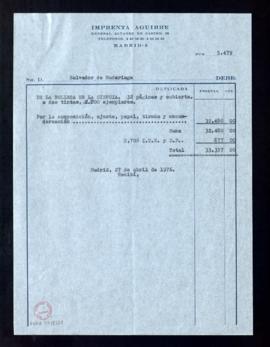 Copia de la factura de Imprenta Aguirre a Salvador de Madariaga por la edición de 1200 ejemplares...