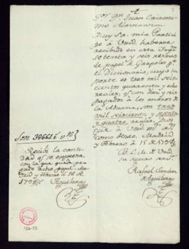 Carta de Rafael Sánchez de Aguilera a Juan Crisóstomo Alamanzón sobre la recepción de 76 resmas d...