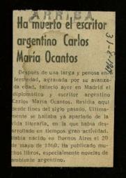 Recorte del diario Arriba con la noticia del fallecimiento de Carlos María Ocantos
