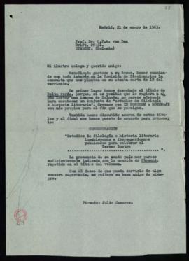 Minuta de la carta de Julio Casares a C. F. Adolf van Dam en la que le ofrece un título para la p...