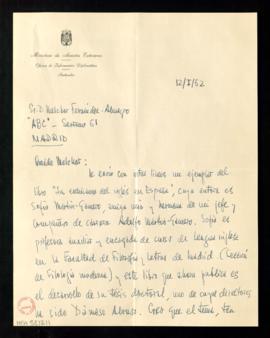 Carta de Alfonso de la Serna a Melchor Fernández Almagro con la que le envía un ejemplar del libr...