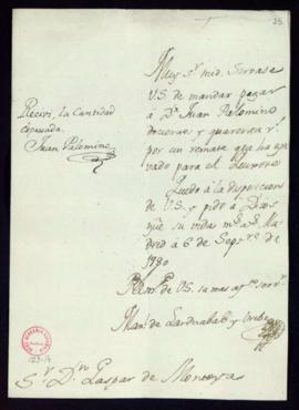 Orden de Manuel de Lardizábal del pago a Juan Palomino de 240 reales de vellón por un remate para...