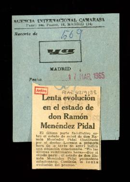 Recorte del diario Ya con la noticia Lenta evolución en el estado de don Ramón Menéndez Pidal