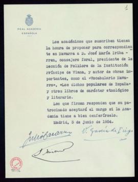 Propuesta de José María Iribarren como académico correspondiente en Navarra
