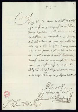 Carta de Manuel Vicente Aramburu a Francisco Antonio de Angulo en la que le ruega que transmita a...