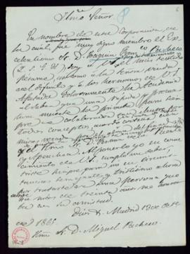 Minuta de la carta del secretario [Manuel Bretón de los Herreros] a Miguel Pacheco en la que le d...