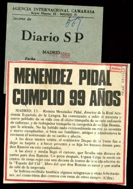 Recorte de Diario SP con el artículo Menéndez Pidal cumplió 99 años