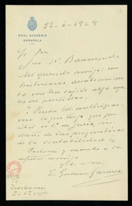 Carta de E[milio] Gutiérrez-Gamero a José M[arí]a Baamonde en la que le pregunta si le puede conc...
