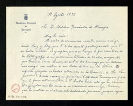 Carta de Manuel de Montoliú a Melchor Fernández Almagro en la que le dice que Tomás Roig y Llop l...