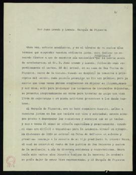 Carta del secretario, Emilio Cotarelo, en la que comunica la suspensión de la junta ordinaria por...