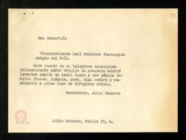 Nota con el texto del telegrama enviado por Julio Casares al vicepresidente de la Real Sociedad V...