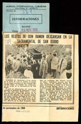 Recorte del diario Informaciones con la noticia Los restos mortales de don Ramón descansan en la ...