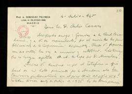Carta de Ángel González Palencia a Julio Casares en la que le agradece el envío de las publicacio...