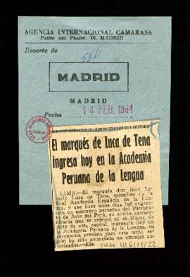Recorte del diario Madrid con la noticia del ingreso del marqués de Luca de Tena en la Academia P...