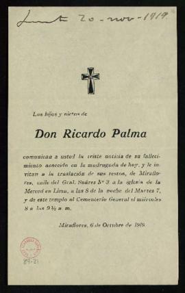 Participación del traslado de los restos de Ricardo Palma de Miraflores a Lima