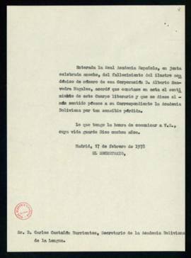 Copia sin firma del oficio de pésame del secretario a Carlos Castañón Barrientos, secretario de l...