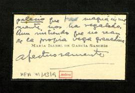 Tarjeta de visita de María Isabel de García Sanchiz a Melchor Fernández Almagro en la que expresa...