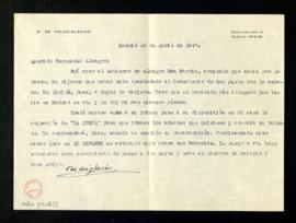 Carta del marqués de Valdeiglesias a Melchor Fernández Almagro en la que le da el pésame por el f...