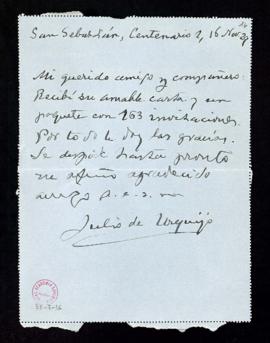 Carta de Julio de Urquijo [a Emilio Cotarelo] en la que le comunica que ha recibido un paquete co...