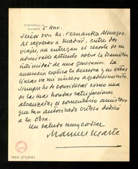 Carta de Manuel Ugarte a Melchor Fernández Almagro en la que le dice que ha recibido el recorte d...