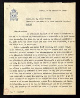 Transcripción de la carta de José María Pemán a Julio Casares, secretario, en la que manifiesta q...