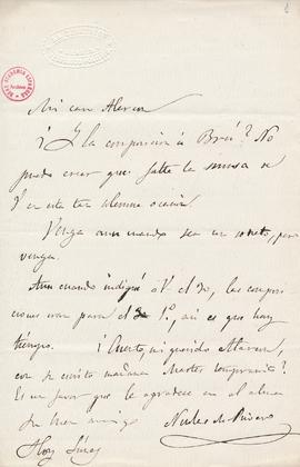 Carta de Nicolás de Rivero a [Pedro Antonio de] Alarcón en la que le reclama la composición a [To...