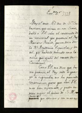 Minuta de la carta del marqués de Santa Cruz [al conde de Floridablanca] en la que expone por esc...