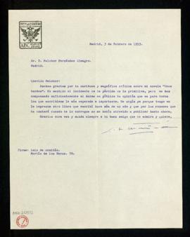 Carta de Luis de Armiñán a Melchor Fernández Almagro en la que le agradece su magnífica crítica s...