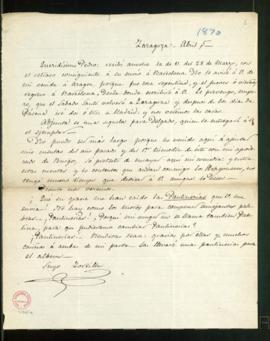 Carta de José Zorrilla a Pedro [Antonio de Alarcón] en la que le comunica que se encuentra en Aragón