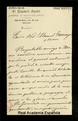 Carta de Emilio Ruiz de Salazar, director del Magisterio Español, a Manuel Tamayo y Baus en la qu...