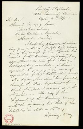 Carta de Charles Frederick Bradford a Manuel Tamayo y Baus, secretario, en la que acusa recibo de...