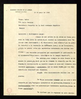 Carta de Miguel Luis Amunátegui Reyes a Julio Casares en la que le agradece el envío de la obra E...