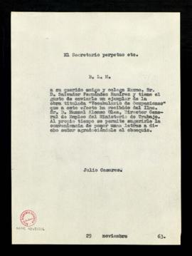 Copia del besalamano de Julio Casares a Salvador Fernández Ramírez, con el que le envía un ejempl...