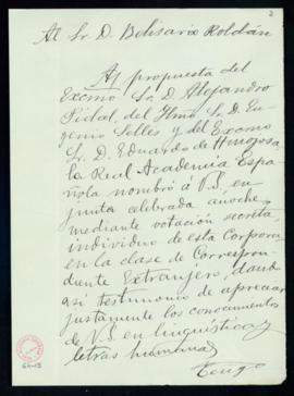 Copia del oficio del secretario a Belisario Roldán de traslado de su elección y envío del diploma...