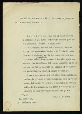 Copia sin firma de la certificación del secretario, Emilio Cotarelo y Mori, del acuerdo de la jun...