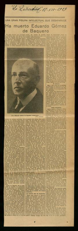 Recorte del diario La Libertad de 17 de diciembre de 1927, con la noticia del fallecimiento de Ed...