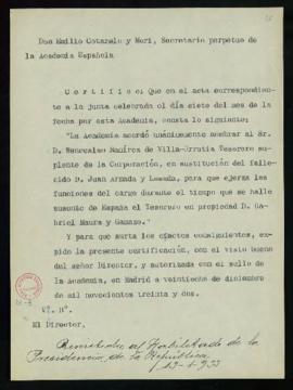 Copia sin firma de la certificación del secretario, Emilio Cotarelo y Mori, del acuerdo de la jun...