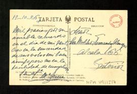Postal de M.ª Teresa [Roca de Togores] a Melchor Fernández Almagro en la que le agradece su recue...