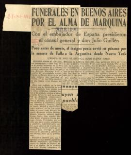 Recorte del diario Arriba con la noticia Funerales en Buenos Aires por el alma de Marquina