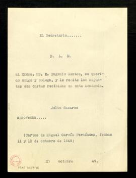 Minuta del besalamano de Julio Casares a Eugenio Montes al que adjunta dos cartas recibidas en la...