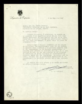 Carta de Teodomiro de Aguilar a Julio Casares en la que anuncia la visita a España de José Lauche...