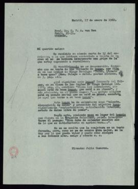 Minuta de la carta de Julio Casares a C. F. Adolf van Dam en la que le ofrece información sobre l...