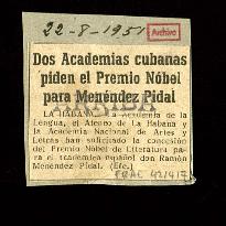 Recorte del diario Arriba con la noticia Dos academias cubanas piden el Premio Nobel para Menénde...