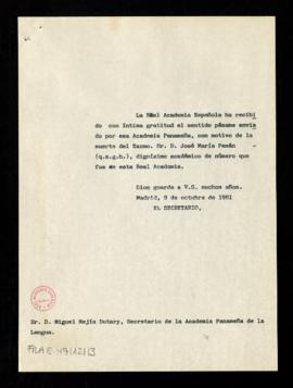 Copia sin firma del oficio del secretario [Alonso Zamora Vicente] a Miguel Mejía Dutary, secretar...
