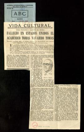 Vida cultural. Falleció en Estados Unidos el académico Tomás Navarro Tomás