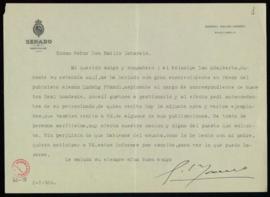 Carta de Gabriel Maura Gamazo a Emilio Cotarelo en la que le comunica que el príncipe Adalberto l...