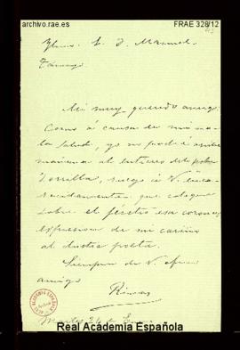 Carta del duque de Rivas a Manuel Tamayo y Baus en la que le ruega que coloque sobre el féretro d...